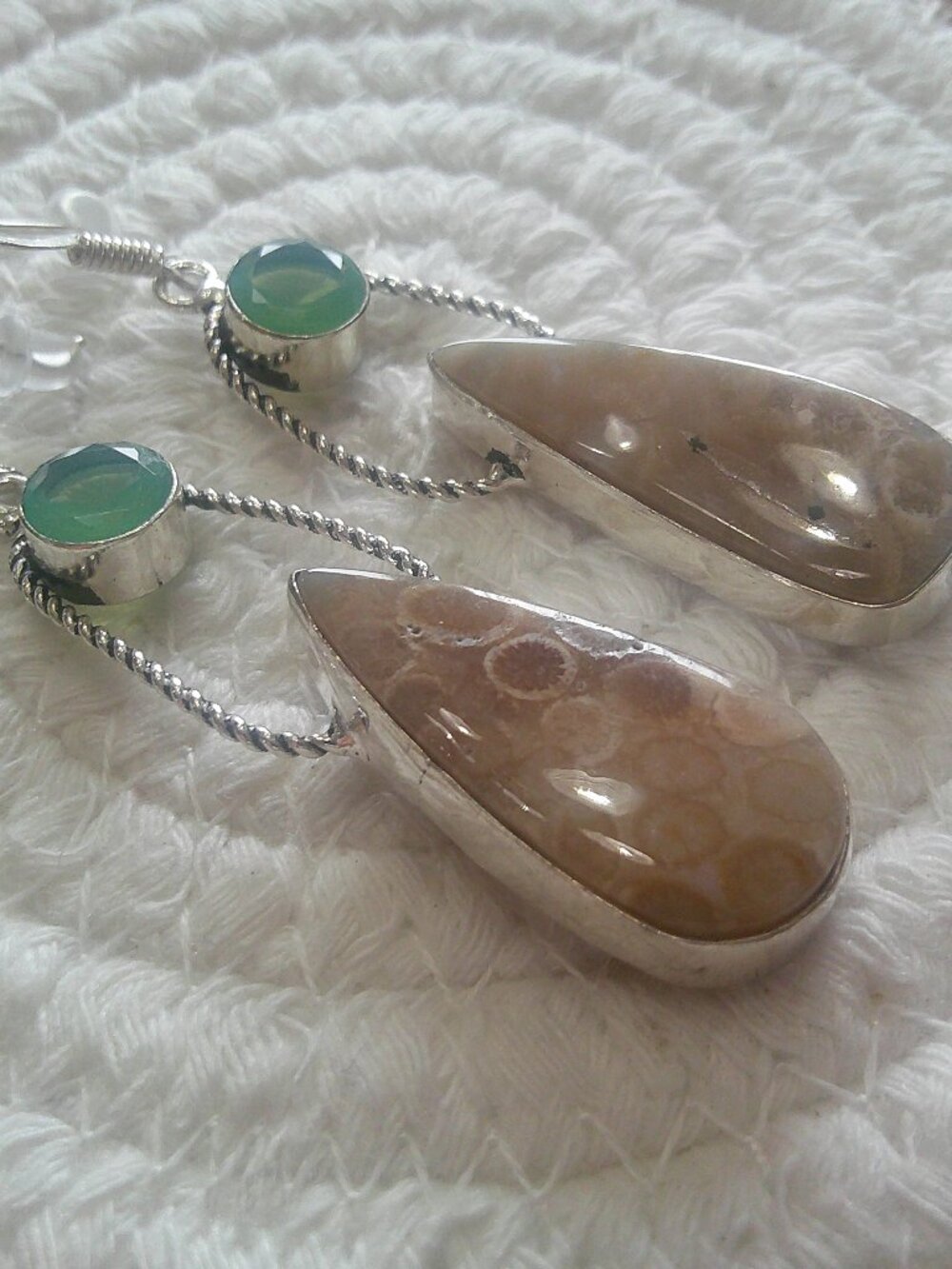 Gorgeous FOSSIL CORAL & FIRE OPAL Handmade Sterling 925 Dangle Earrings #280F